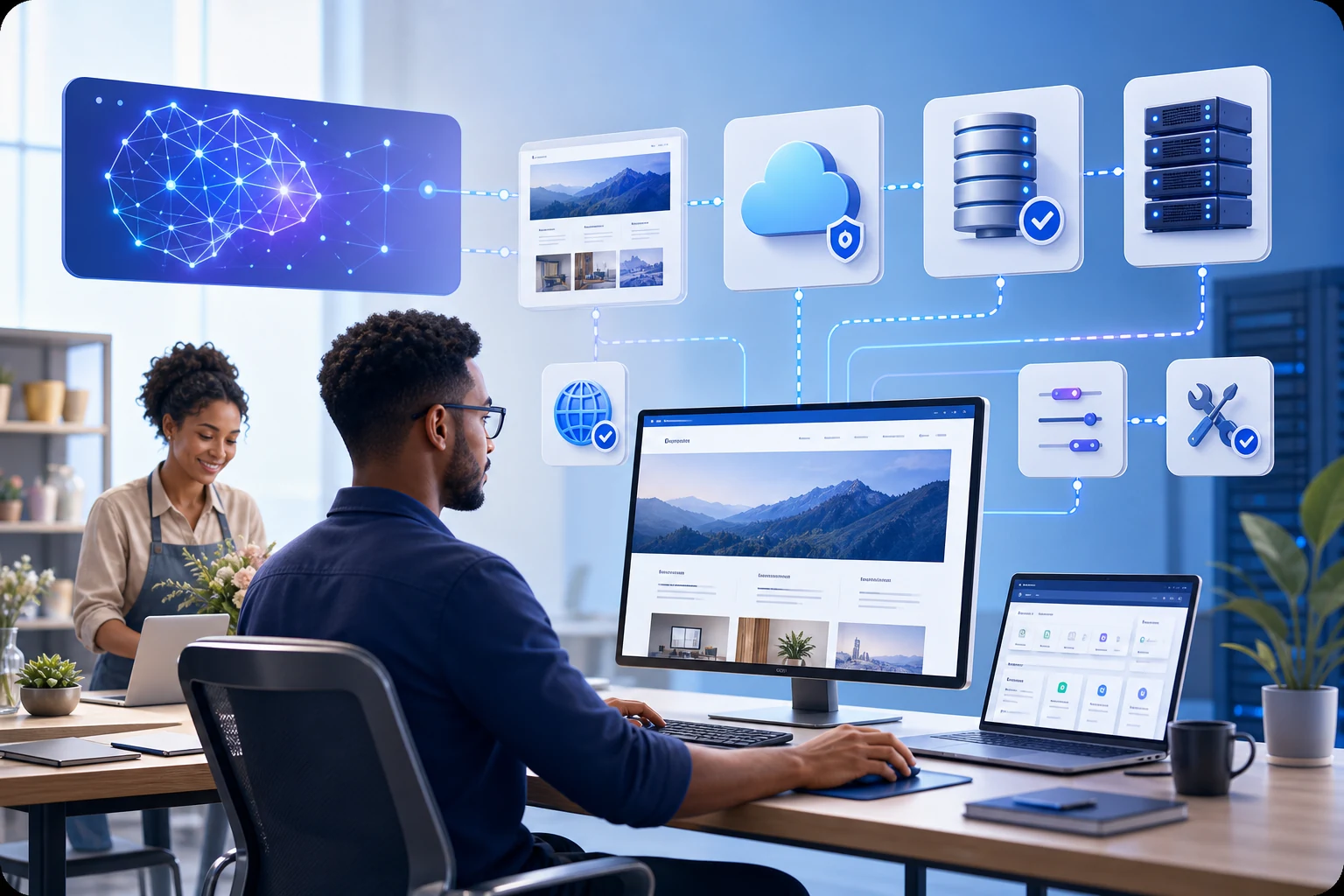 A web professional managing AI-assisted website development, secure cloud hosting and backend infrastructure while a business owner focuses on her work.