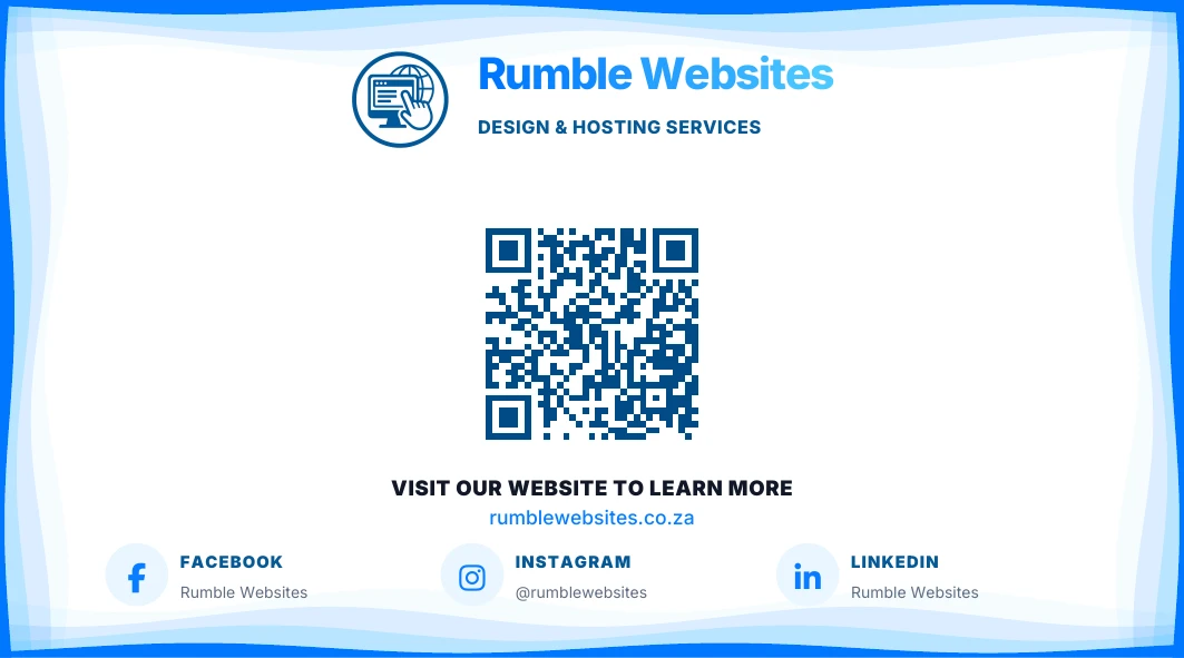 Back of the Rumble Websites business card with a QR code and social-media details.