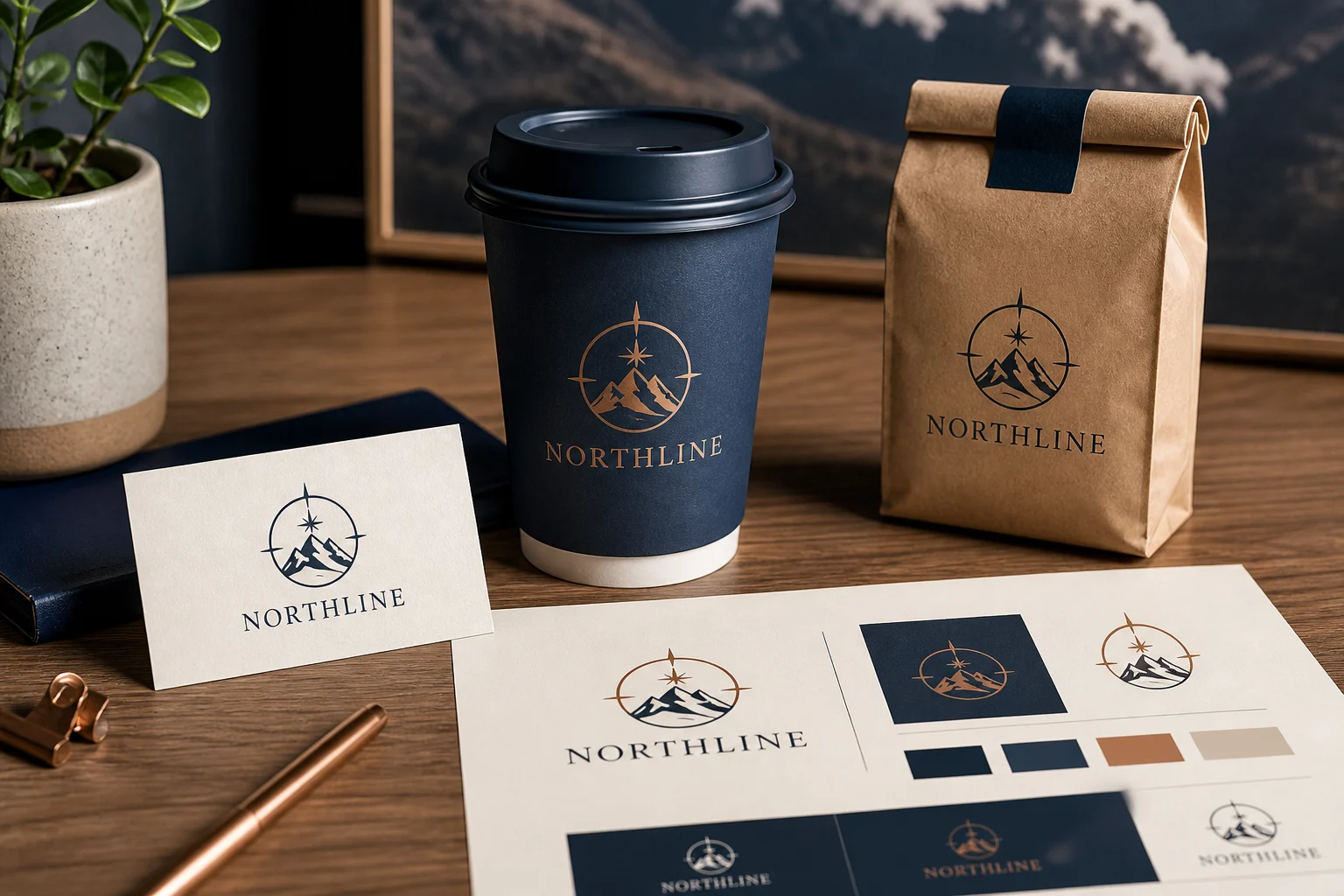 Northline fictional coffee brand logo applied across professional brand materials.