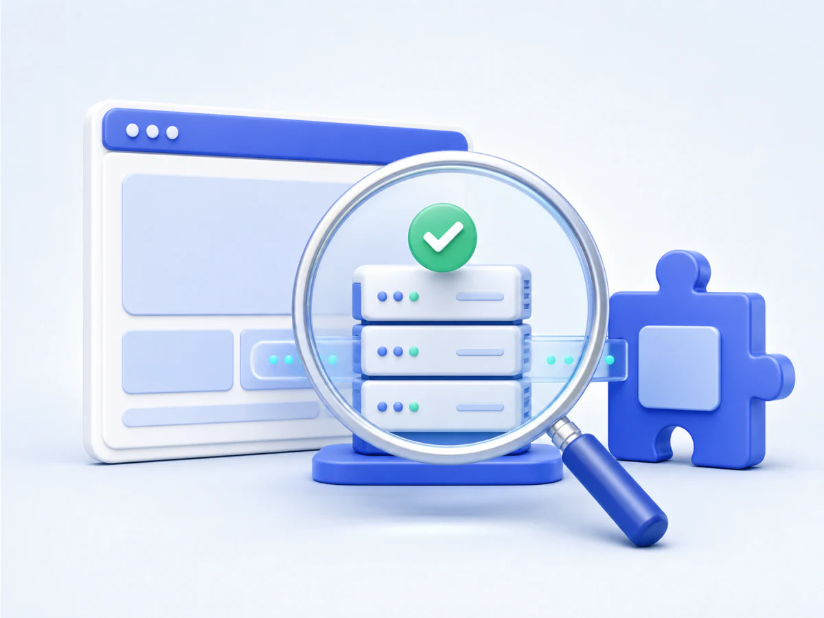 A website, hosting server and new feature being checked for compatibility.