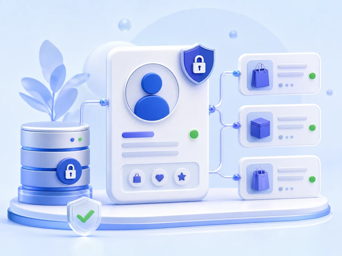 Secure customer profile cards connected to protected account data and order history.