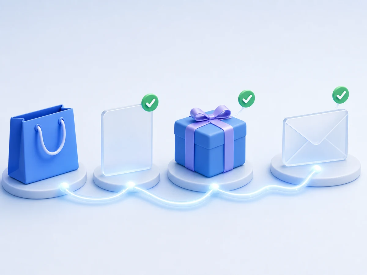 An online order moving from checkout to fulfilment and customer email.