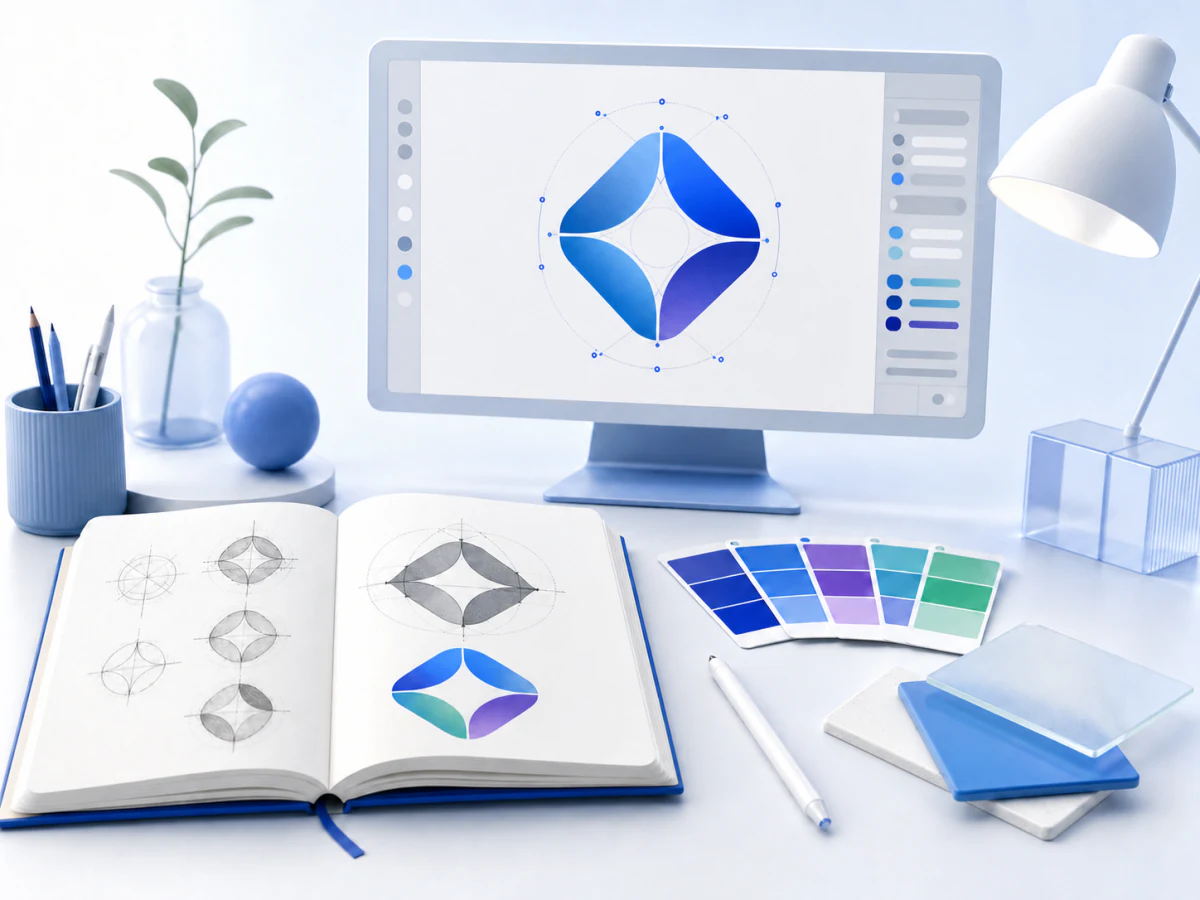 A professional logo concept being sketched and refined as vector artwork.