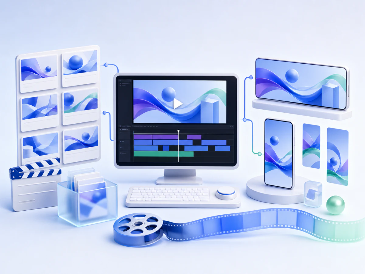A video-ad production workspace with storyboards, editing and multiple formats.
