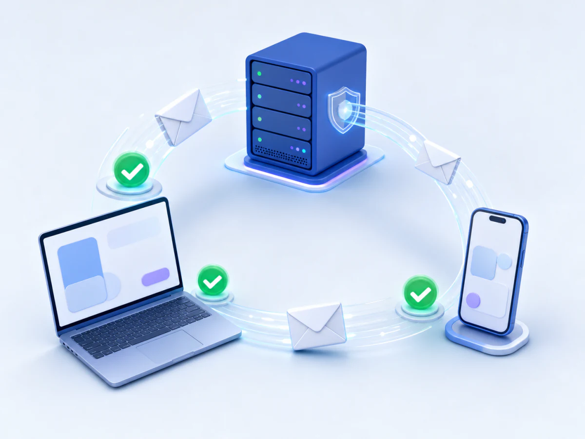 Business email travelling securely between a hosting server, laptop and phone.