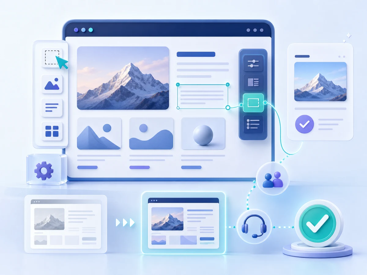 A managed website editing workflow with updated page modules, support and approval cues.