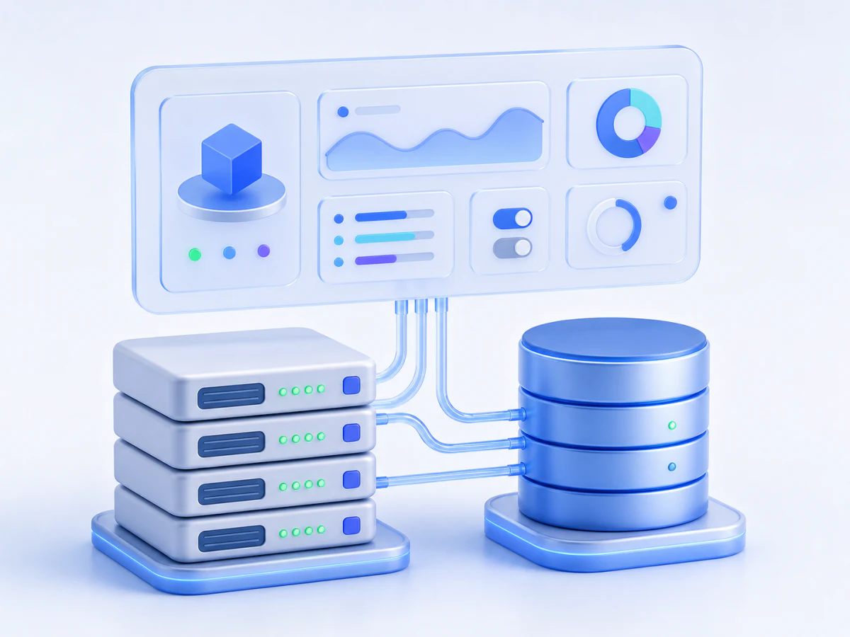 A hosting server and storage system connected to a website control panel.