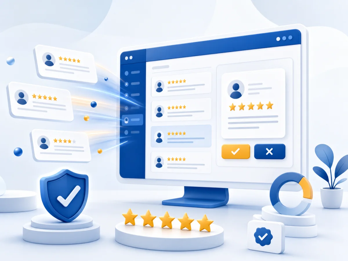 A customer review dashboard with rating cards and moderation controls.