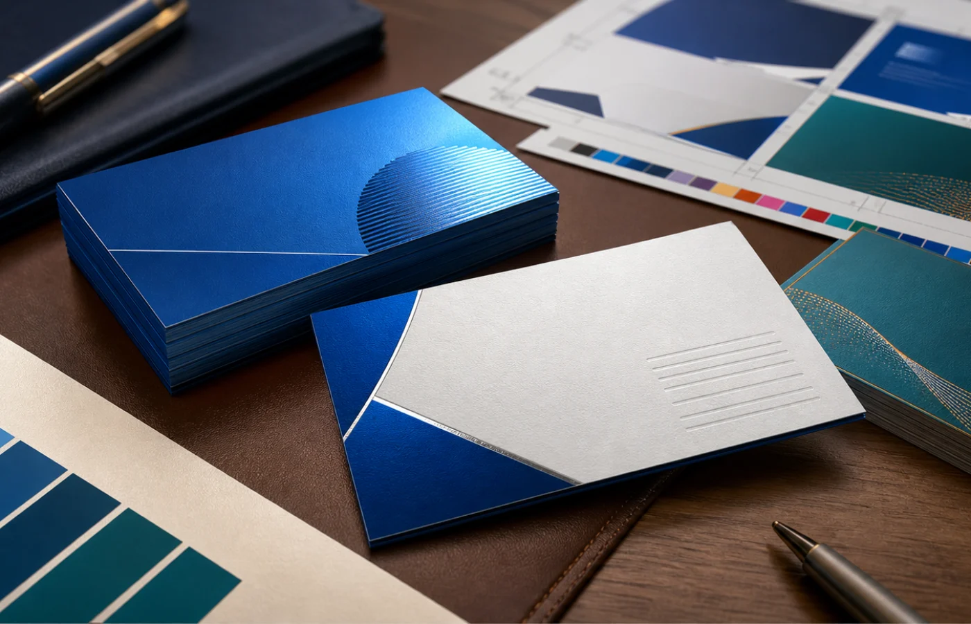 A professional blue and white business-card design arranged with brand colour samples.