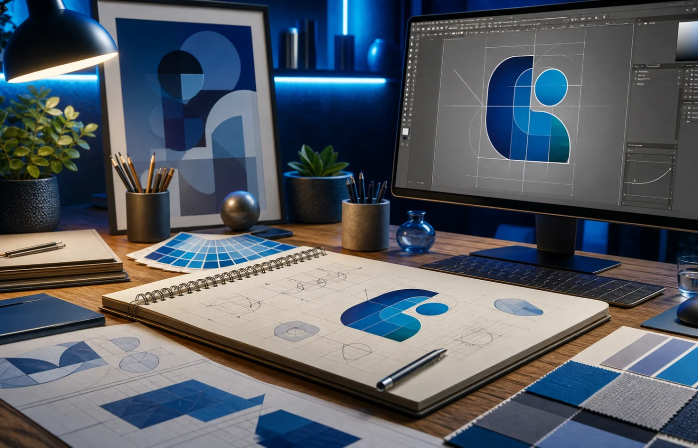 A professional logo design workspace with blue brand concepts on a monitor and sketchbook.