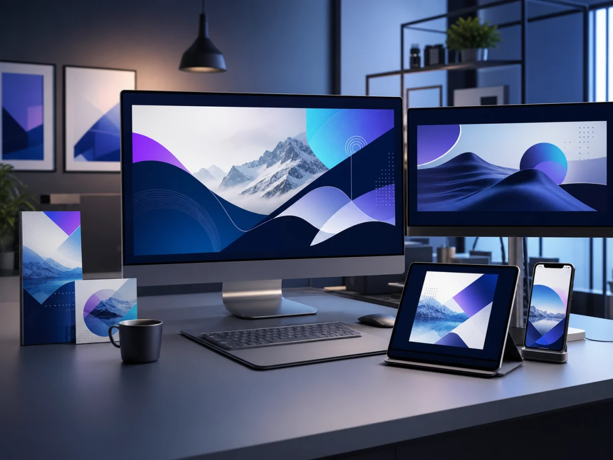 Coordinated branded social media visuals displayed across desktop, tablet and mobile screens.